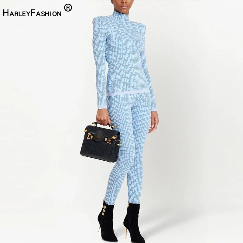 

Classic Geometric Pattern Quality Jacquard Knitted 2 Piece Sets For Women Fall Stand Collar Sweaters Pullover Top Tight Trouser