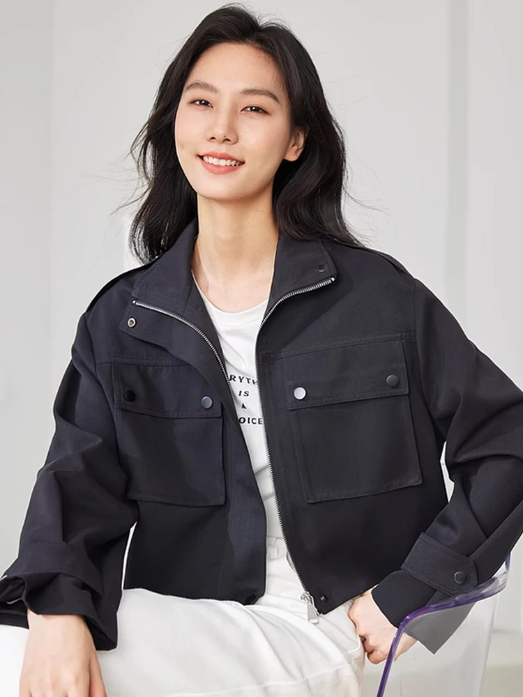 ジャケット・アウター BULKY SLEEVE CROPPED JACKET Vimly Khaki Casual Loose Cropped Jacket Lapel Full Zipper
