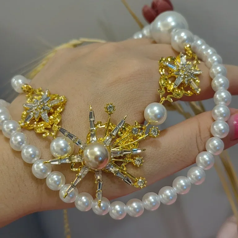 Imitation Pearl Women's Long Double Layer Necklace Set with Colored Diamonds Sparkling Clavicle Chain For Women Fashion Jewelry