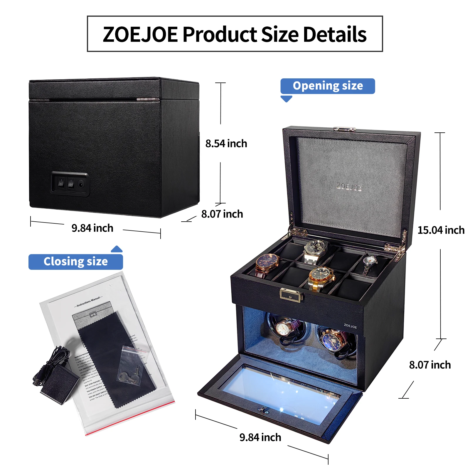 ZOEJOE 자동 시계 와인더 PU 가죽 US 플러그 시계 보관함(라이트 및 투명 커버 포함) 친구를 위한 생일 선물