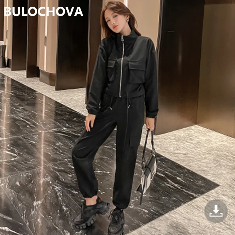 

Женский спортивный костюм BULOCHOVA, повседневный однотонный короткий топ на молнии и длинные брюки-карго, комплект из 2 предметов, весна