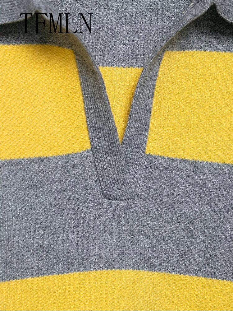 TFMLN Oversize Striped Knitter Sweater For Women 2025 Autumn Fashion Causal Loose Polo Collar Pullover Tops Chic Street Knitwear