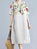 Women's Vintage Dress Short Sleeve Round Neck Floral Printed Casual A-Line Loose Summer Midi Dress
