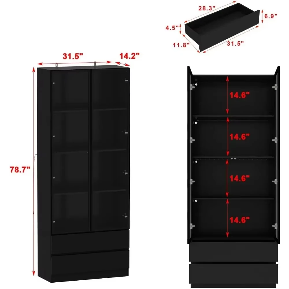 Display Cabinet, with 2 Glass Doors and Lights, Display Case Cabinet with 4-Tier Storage Shelves and 2 Drawers, Pop-up Design 5