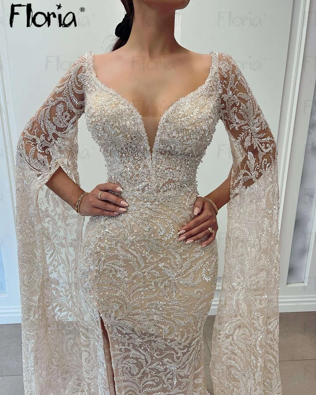 

Stunning Long Cape Sleeve 2024 Elegant Evening Dress Scoop Neck Celebrity Prom Dresses Plus Size Customized Wedding Night Gowns