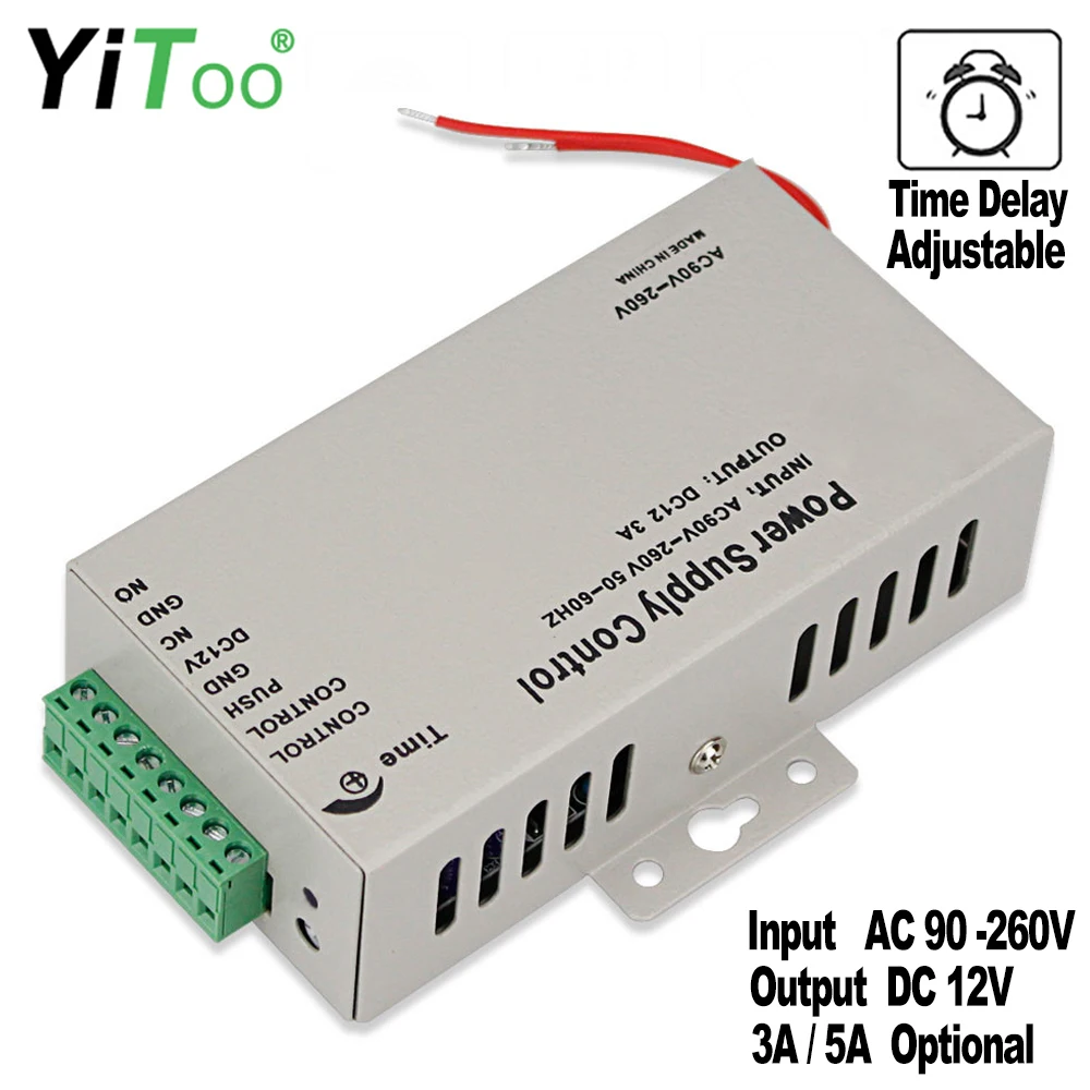 

YiToo New DC12V Access Control Power Supply Unit AC90V-260V Input NO/NC Output 3A/5A Time Delay Adjustable for Electric Locks