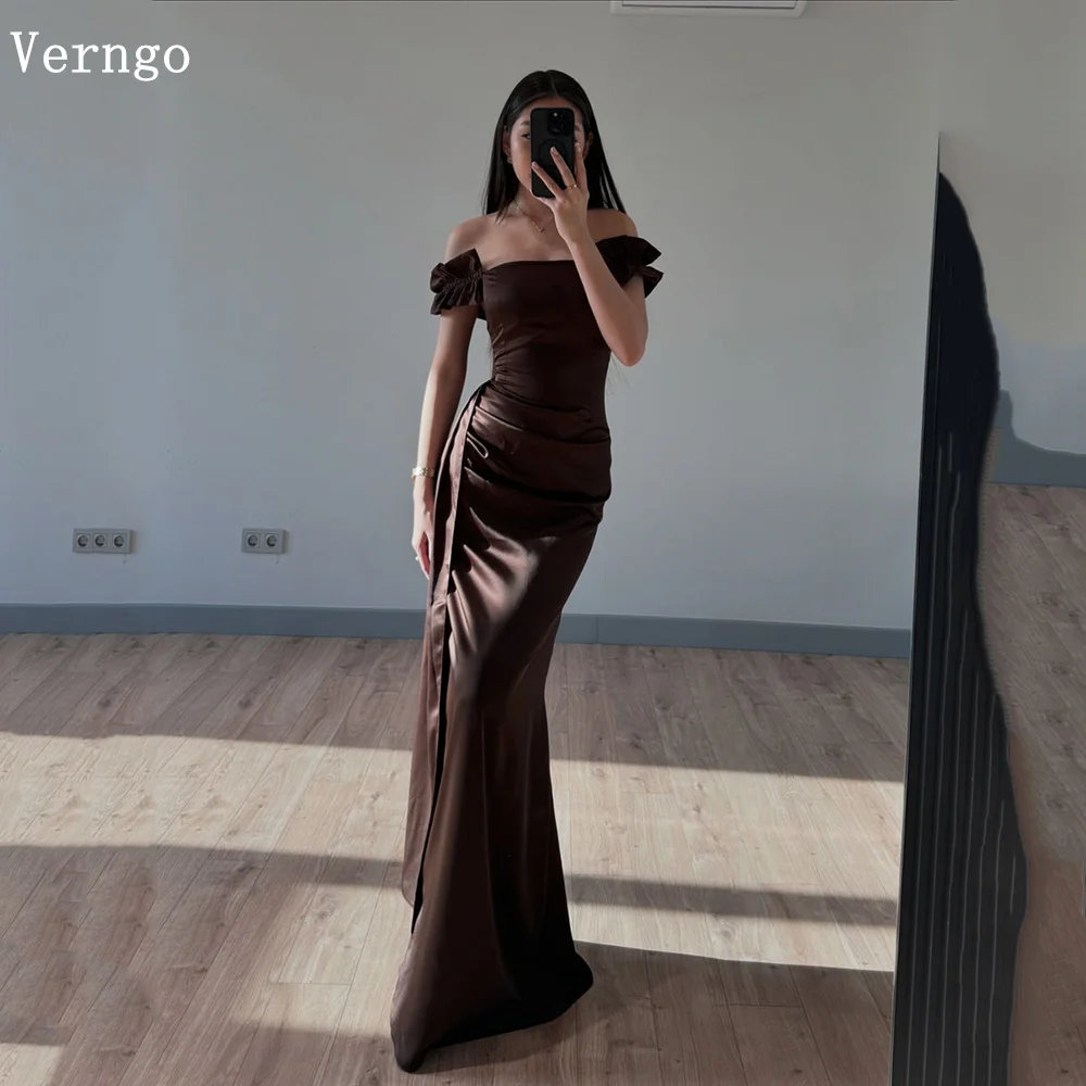Verngo Coffee Brown Satin Prom Gown Off The Shoulder Mermaid Prom Party