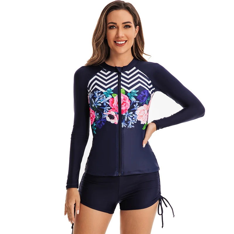 Womens Two Piece Rash Guard Full Zipper Long Sleeve Swimsuit for