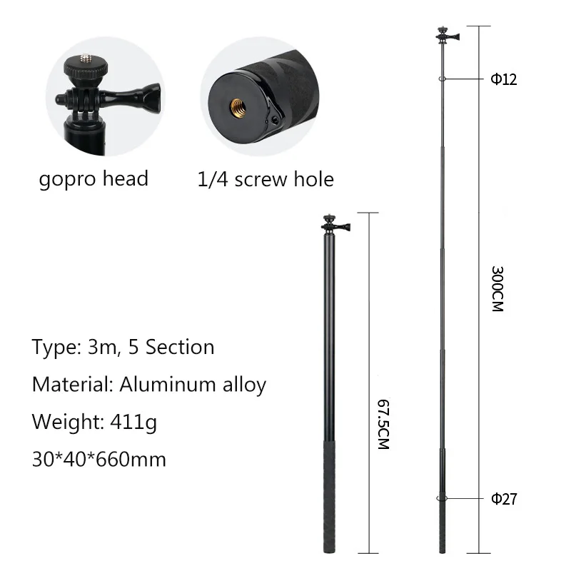 Selfie Stick for GoPro 12/11 Foldable Aluminum Alloy Phone Holder Handheld 3M Extended Edition Selfie Stick Camera Accessory