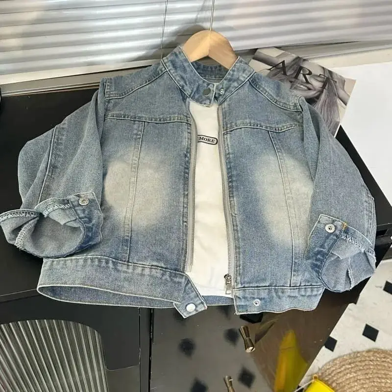 새로운 가을 아동 데님 재킷 레트로 남자아이 스탠드 칼라 긴팔 코트 여자아이 루즈핏 지퍼 재킷 아동용 아우터 상의
