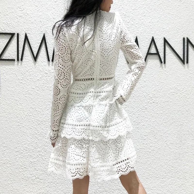 New Spring Lace Sexy V Neck Layered Dress Hollow Out Long Sleeve White Party Dresses Ladies Low Cut Bohemian Ruffles Dress