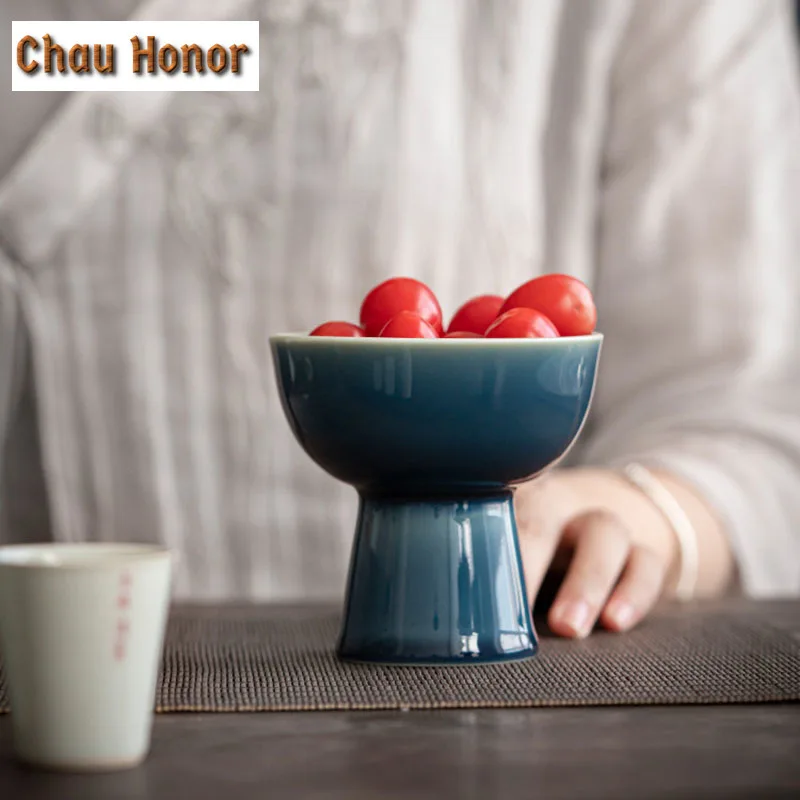 Ceramic Plate Tall Feet Fruit Plate Round Salad Bowl Dessert Cake Pan Snack Tray Decorative Plates Tableware Display Stand Gift