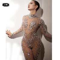 fashion Rhinestones Jumpsuit Crystal Pearl sexy Women Jumpsuits spandex party Nightclub birthday Pole Dance Singer Stage Costume - Image 3