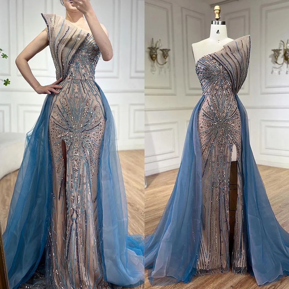 高飾 Serene Hill Blue High Split With Overskirt Mermaid Beaded