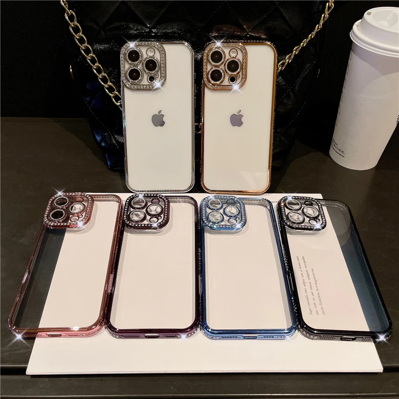 Luxury Plating Flash Diamond Bumper Phone Case with Shiny Rhinestone Lens Cover