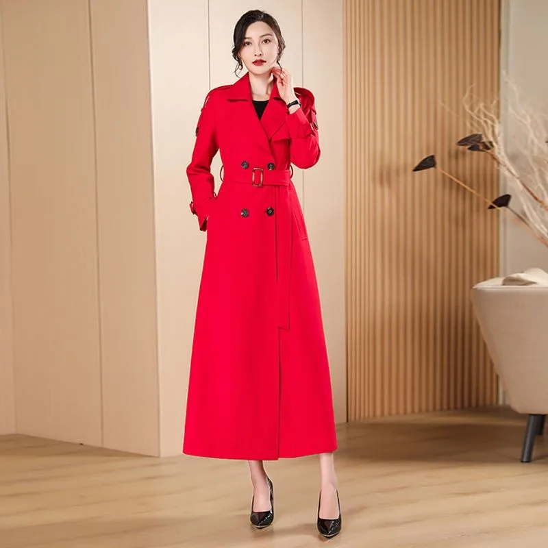 2023 Autumn New Women Long Knee-Length Trench Coat Female Temperament Leisure High-End Outwear Fashion Casual Solid Color Parkas
