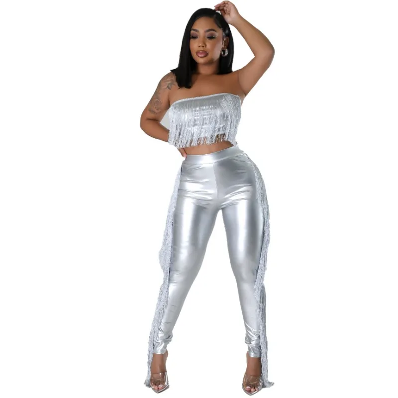 Women Metallic Gilding Tassel Slim 2 Piece Set Sleeveless Strapless Crop Top High Waist Skinny Pants Sexy Club Party Streetwear