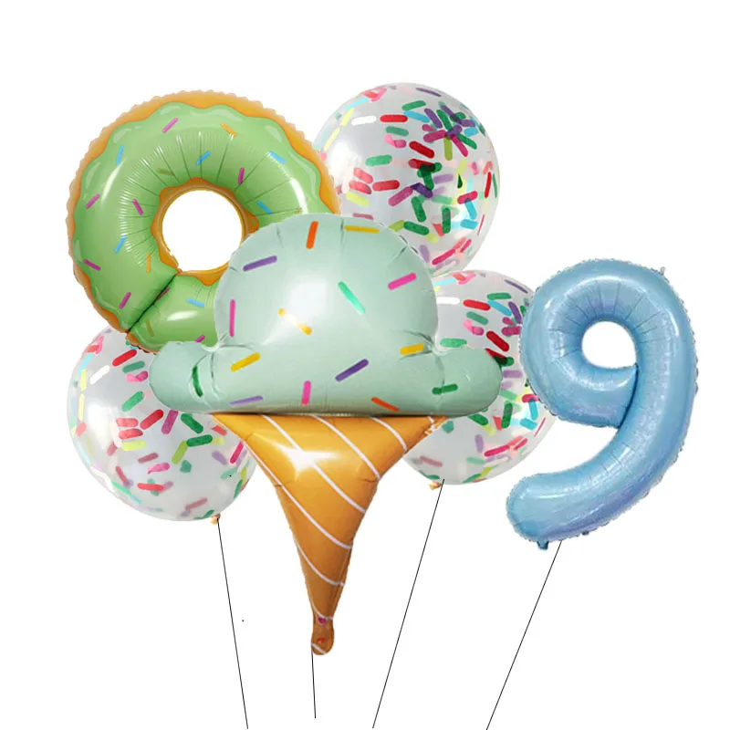 thumbnail image 1 of Juego de globos de aluminio con forma de donuts y helado, 1/6 unidades, números grandes del 0 al 9, para decoración de fiestas de cumpleaños de niñas y niños, 1 of 5