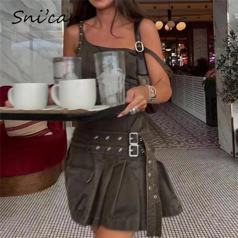 

Solid Brown Patchwork Women Dress Summer Fashion Spaghetti Strap Belt Pockets High Street Mini Dresses Casual Ladies Outwear New