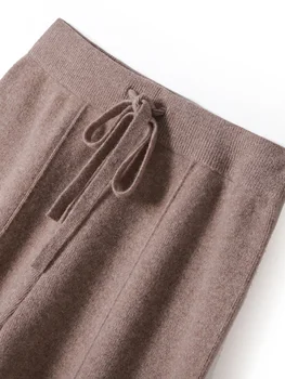 100% Merino Wool Pants Women Autumn Winter Casual Wide Leg Trousers Middle Seam Style Knitted Cashmere Soft Lace-up Trendy Pants 1