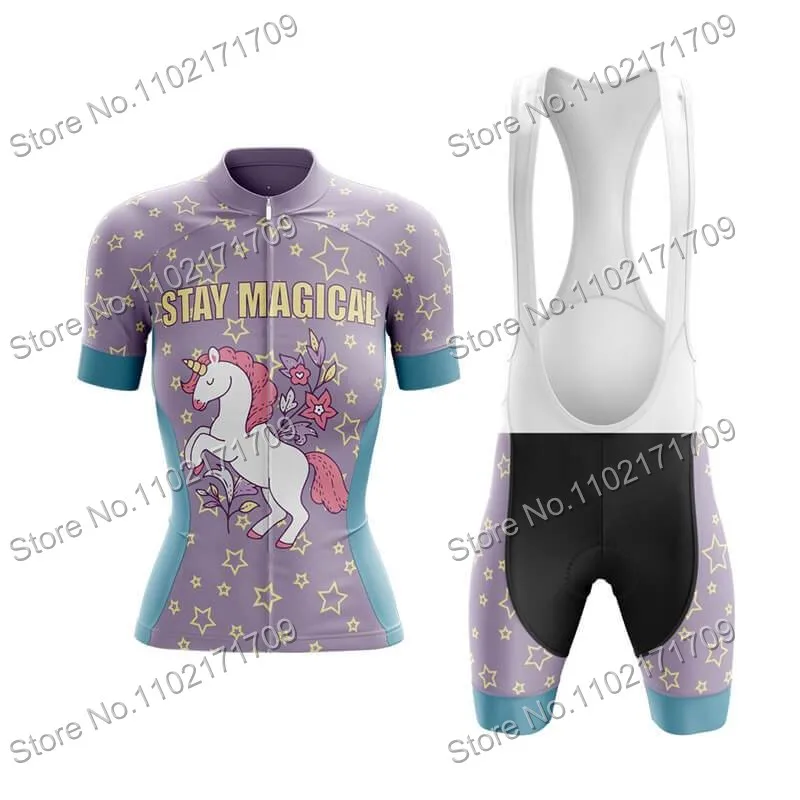 Stay Magical Unicorn Womens Cycling Jersey Set Unicorn Power Funny Cycling Jersey Set Womens Road Bike Shirts Suit MTB Ropa