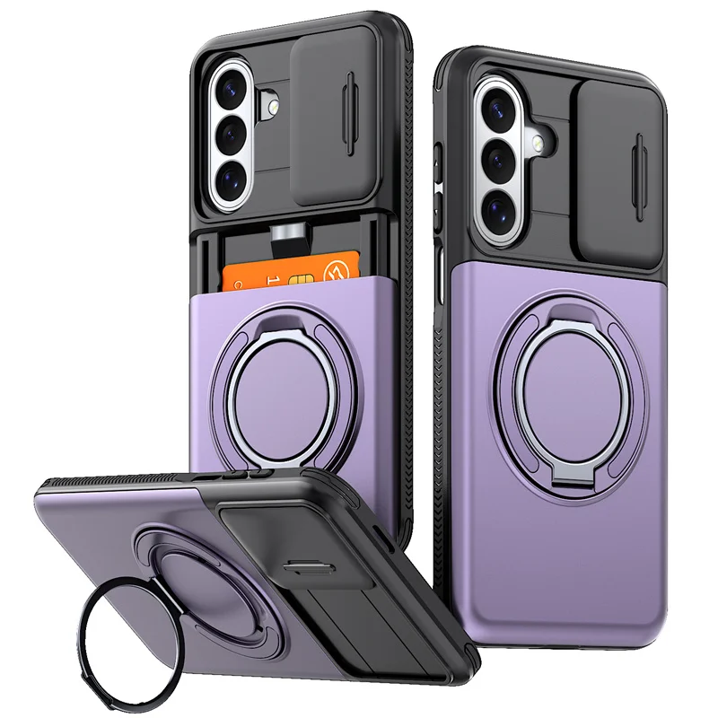 Magnetic Armor Card Wallet Case with Phone Ring Holder Cover