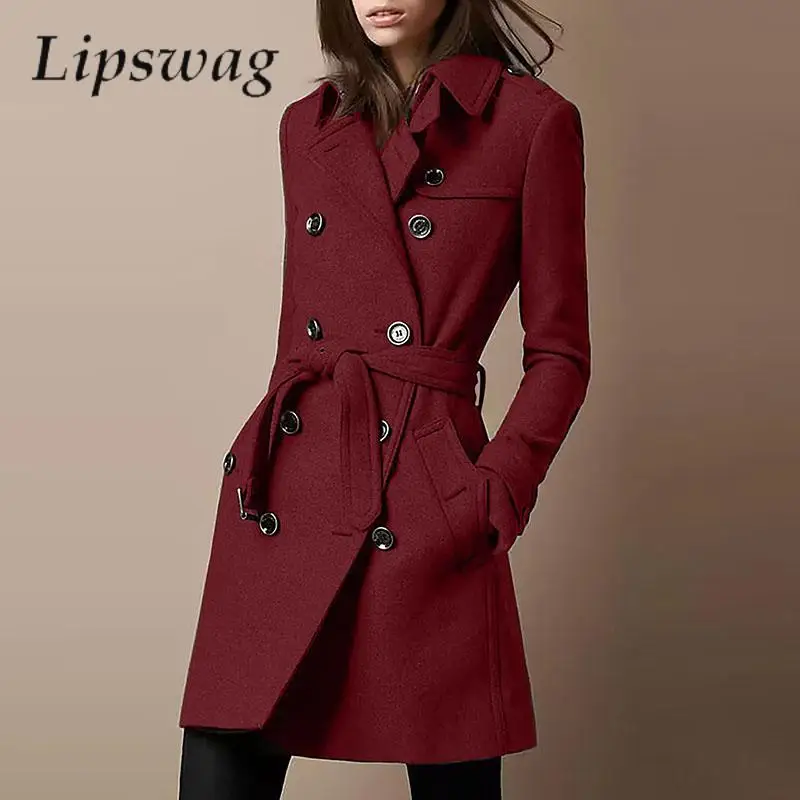 

Women Retro Double Breasted Lapel Blazer Outwear Casual Lady Pocket Long Sleeve Jackets Fashion Solid Buckle Belt Slim Wool Coat