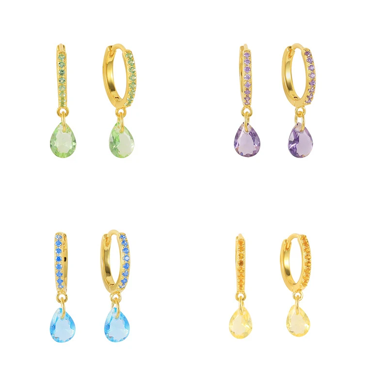 Women's Fashion Colorful Zirconia Water-Drop Earrings Shiny Crystal Small Huggies Cute Thin Earring Piercing Hoop Jewelry Gifts