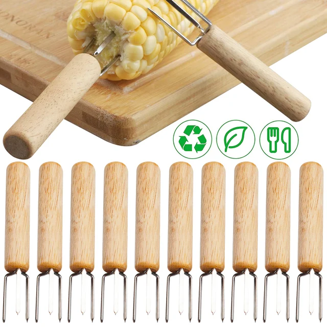 2Db Kukoricatartó Rozsdamentes Acél Macskák Nyárs Gyümölcsvillák Fa Fogantyú Kültéri Bbq Szerszámok Piknik Főző