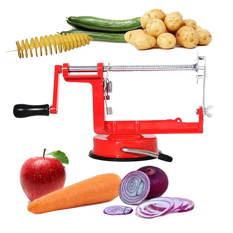 

Red Home Hand Crank Potato Tart Machine Spiral Slicer Stainless Steel Adjustable Cut Potato Cucumber Kitchen Tools Accessories