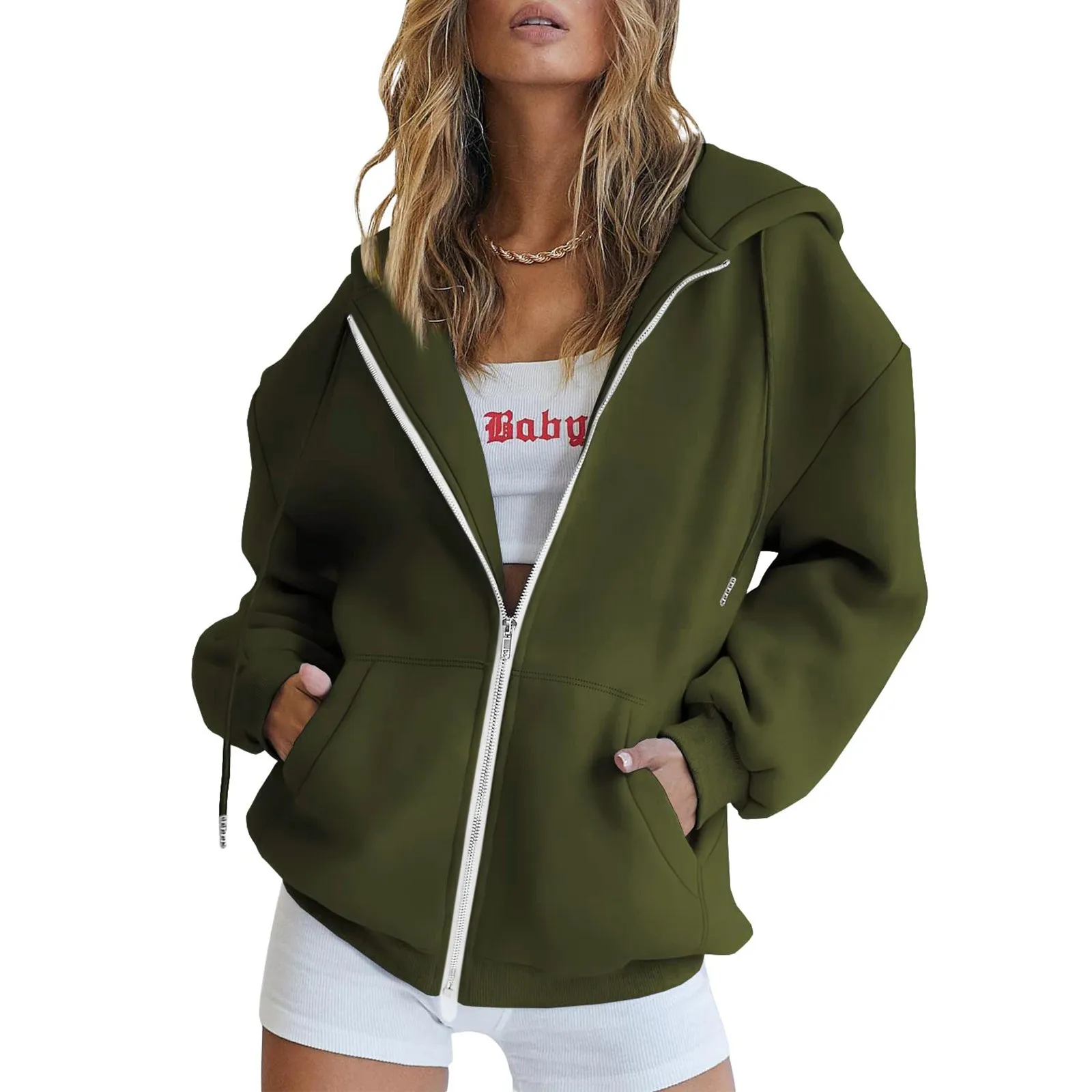 

Womens Casual Solid Long Sleeve Zipper Hooded Coat Pocket Sweatshirt Tops Solid Color Drawstring Hooded Athletic Sweatshirts