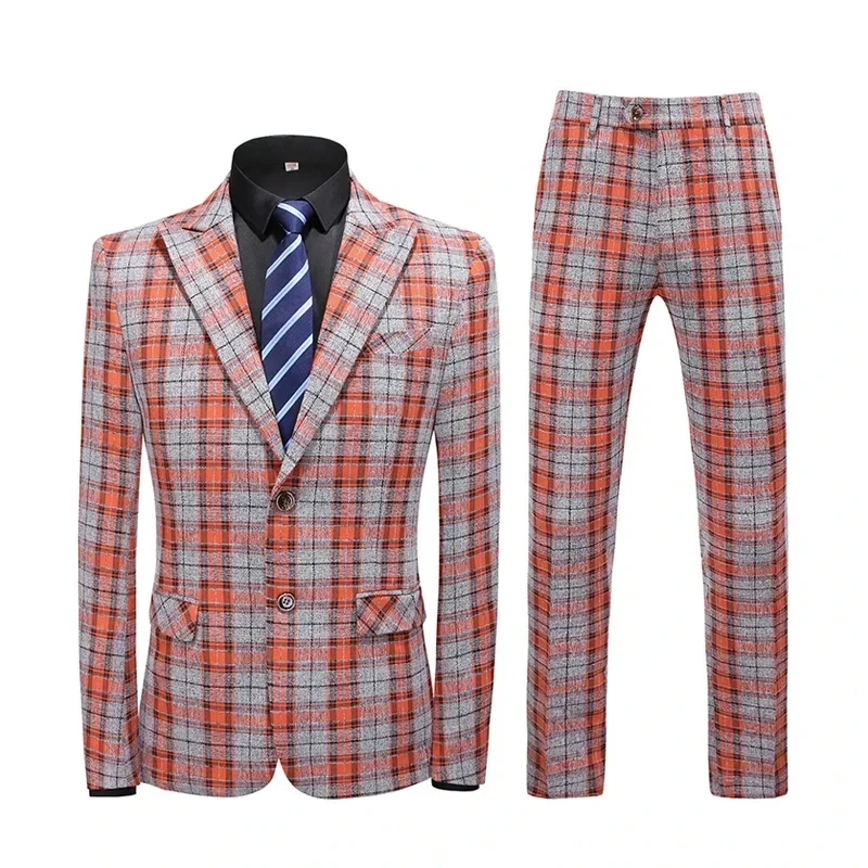 

LE34piece Coat+pants Business slim Grid Suits Groom best man Fashion banquet Wedding Suit Men's Blazer Trousers