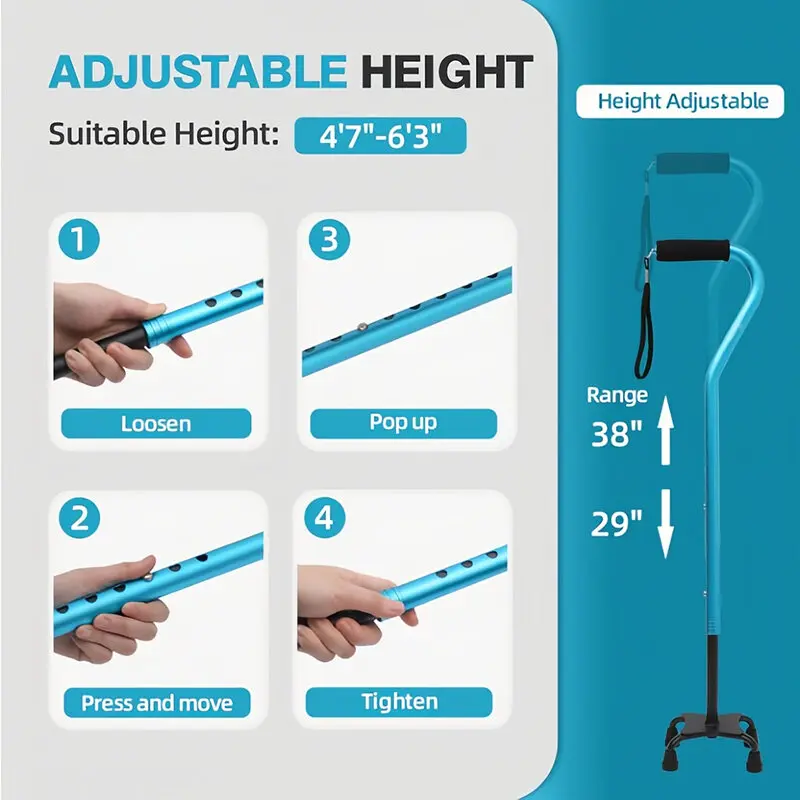 Adjustable Quad Cane Walking Stick for Seniors Adults Aluminum Walking Cane with 4-Pronged Base for Extra Balance & Stability 5