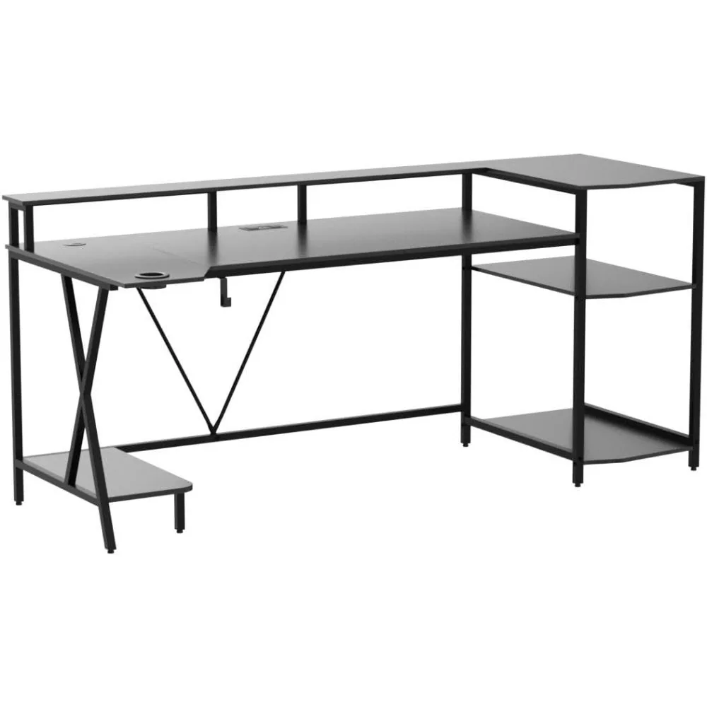 Gaming Desk 70.8'' with LED Lights and Storage Shelves, Computer Desk with Monitor Stand, Power Outlets and Cup Holder, Large P 4
