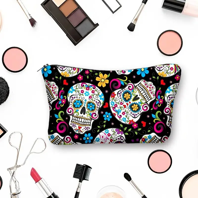 Portable Flower Skull Cosmetic Bag Linen Fabric Makeup Organizer for Travel Lightweight Fashionable Cosmetic Bag Zipper Pouch 3