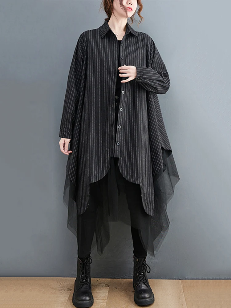 Cotton Striped Mesh Spliced Shirt Dresses For Women Long Sleeve Loose Casual Vintage Dress Fashion Clothes Spring Autumn 2025