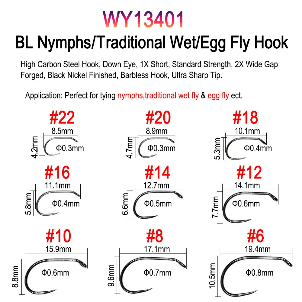 Vampfly 50pcs/Pack Barbed and Barbless Fishing Fly Tying Hook Nymphs Pupa Egg Fly Dry Fly Wet Fly Hook 60° Angle Jig Nymph Hook