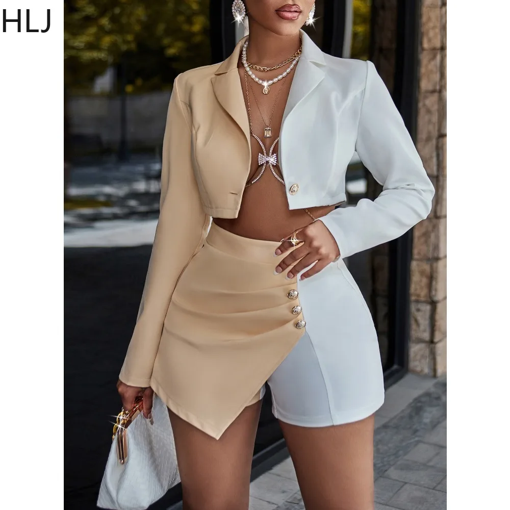 HLJ Elegant Lady Patchwork Blazer Outfits Women Turndown Collar Long Sleeve Button Crop Top + Skirts Shorts Two Piece Streetwear