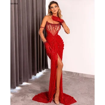 Sansa Customized Red Sequins Beaded Party Dress Gloves Prom Dress Strapless Backless Sequins Floor-Length Evening Dresses 2025