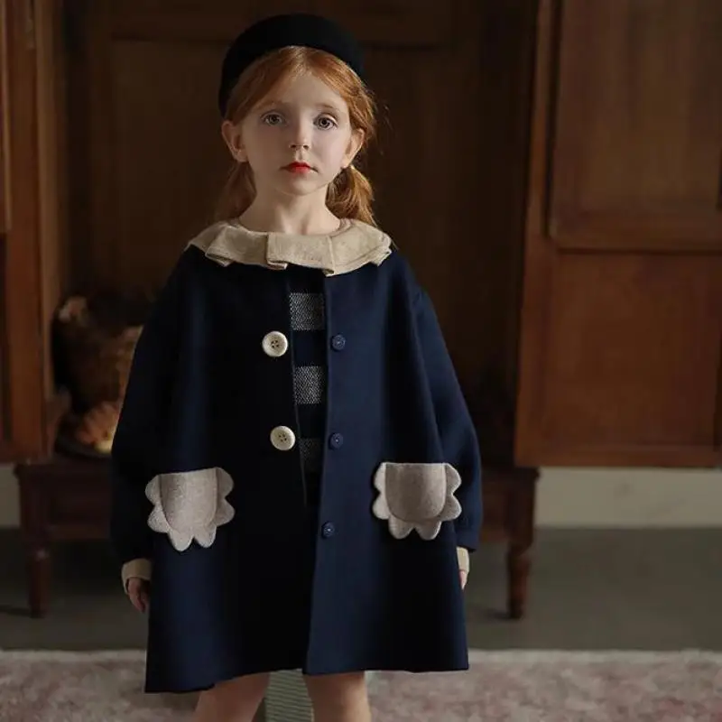 

Navy Korean Winter Autumn Children Girls Coat Cotton Woolen Single Breasted Outerwear Thick Solid O-neck Collar Kid Girl Coat