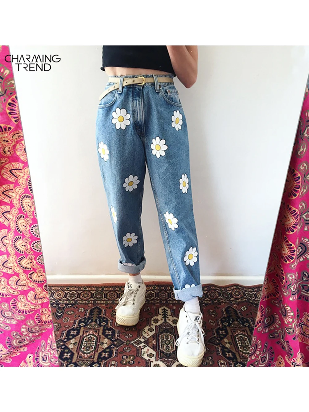 Cute Little Daisy Jeans For Women 2022 Autumn Winter Spring Blue Zipper Print Mom Denim Trousers Vintage Fashion Pants Female
