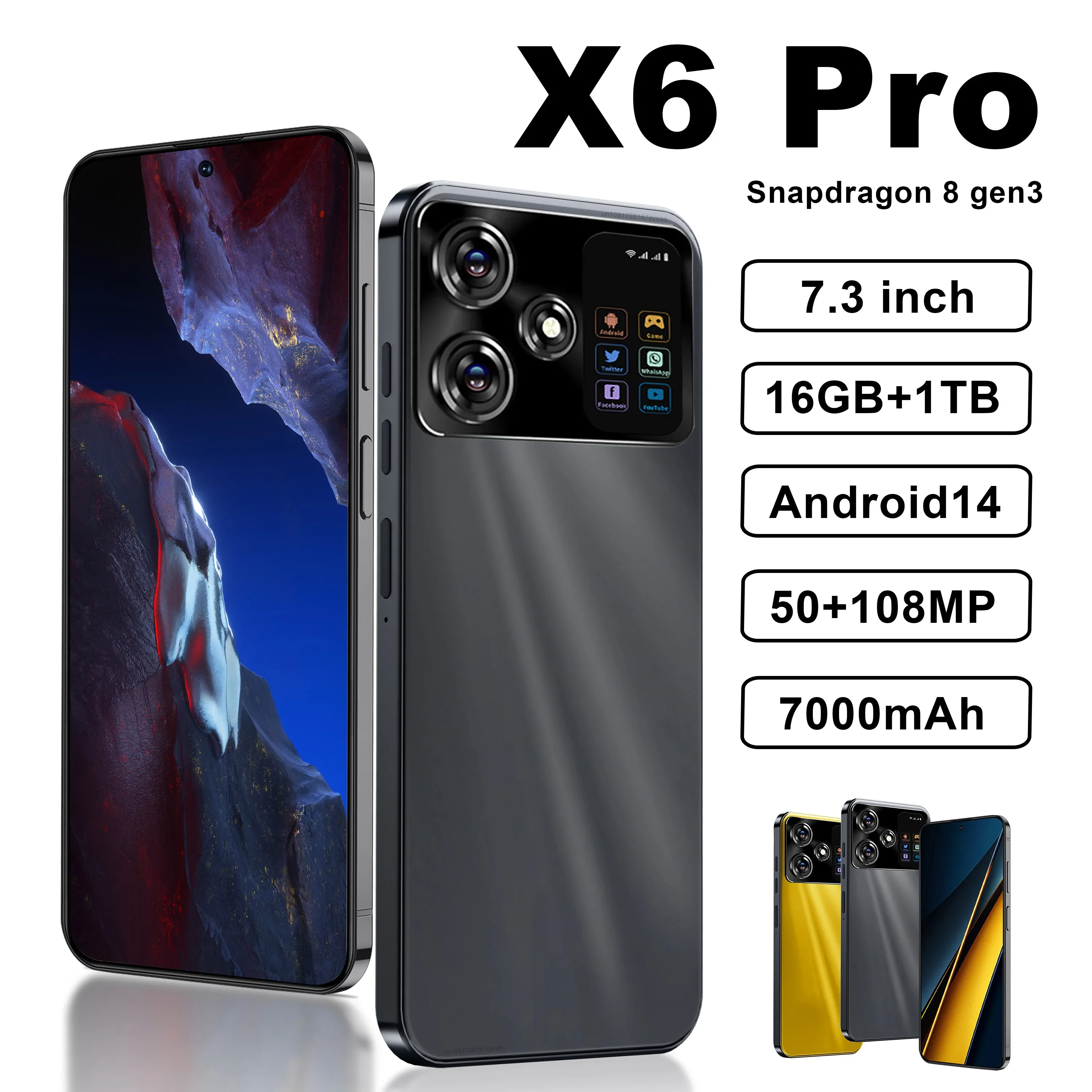 Оригинальный смартфон X6 Pro, экран 7,3 дюйма, Φ 16G + 1TB, Snapdragon 8 gen3, Android 14, 50 + 108 МП, 4G/телефон, телефон