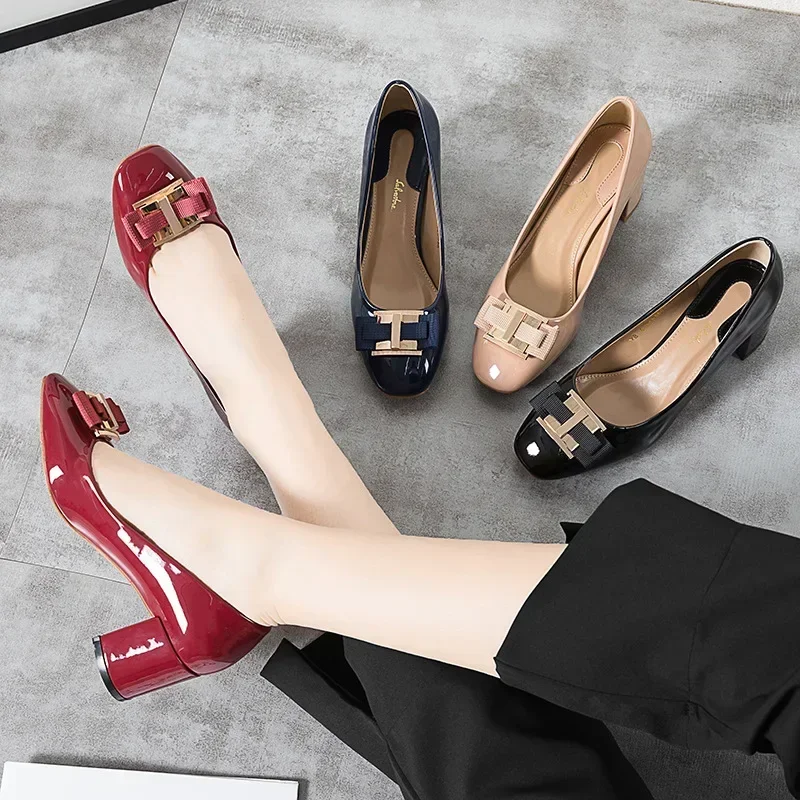 

Classic Woman Pumps Bowknot Black Red High Heels Ladies Dress Elegant Middle Heel Women's Luxury Shoes Spring 2024 Trend Summer