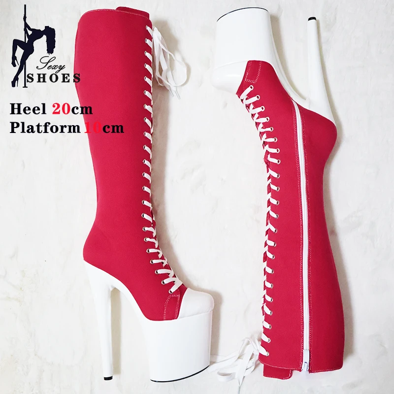 20cm Pink Women Platform Side Zippe Booties Canvas Lace Up Stiletto Ultrahigh High Heel Mid-Calf Boots Shoes Woman Gothic Style