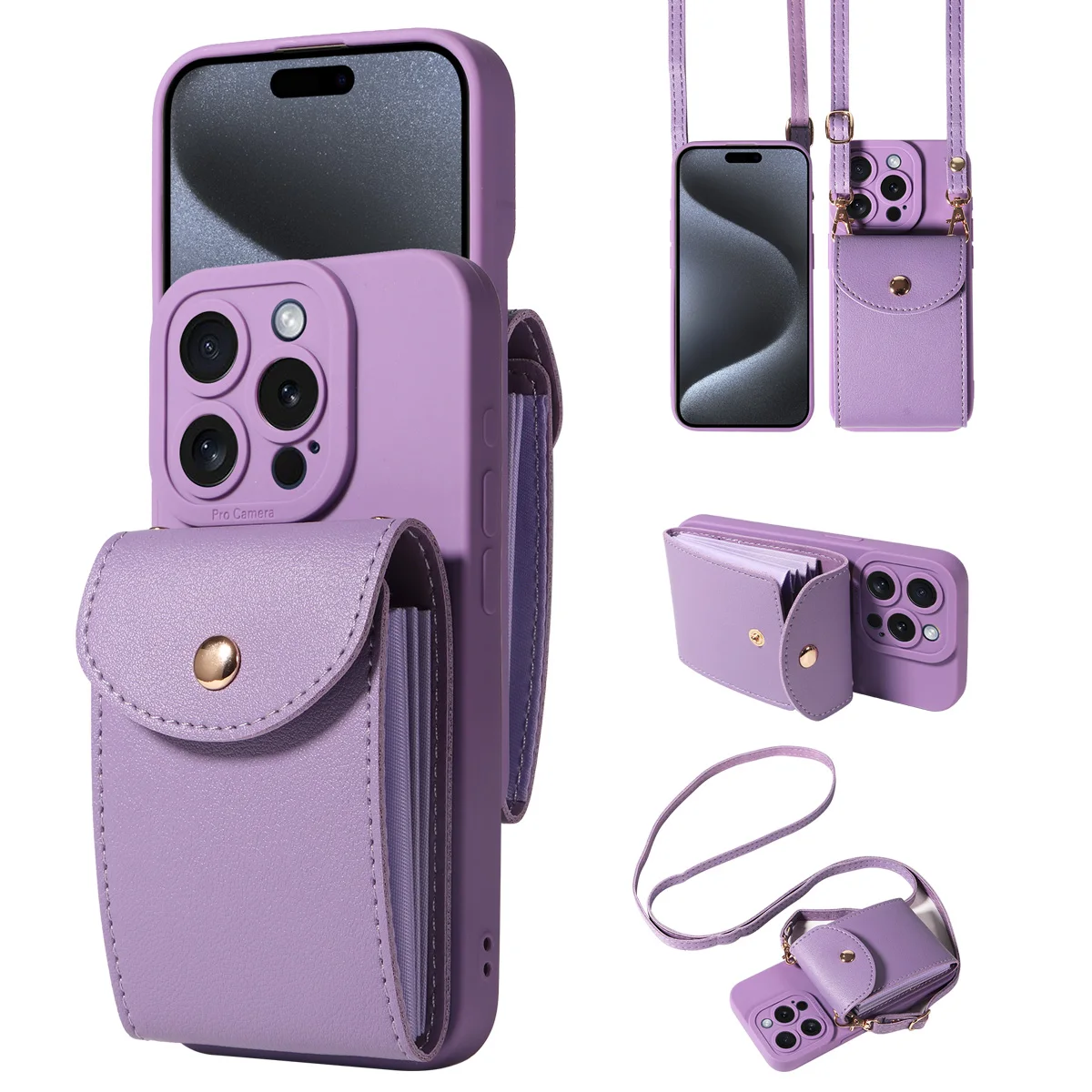 Elegant Faux Leather Phone Case with Lanyard, Card Slot & Shockproof Protection