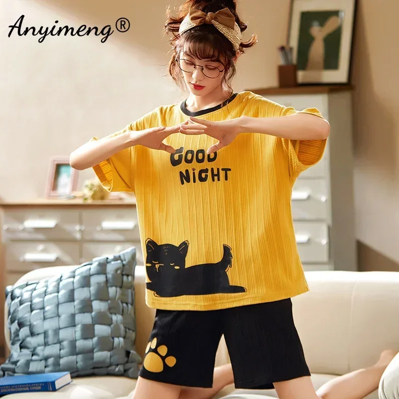 새로운  여성 잠옷 여름 반바지 코튼 Pijamas Yellove 귀여운 고양이 인쇄 패션 소녀의 Homewear 한국어 pyjama 세트