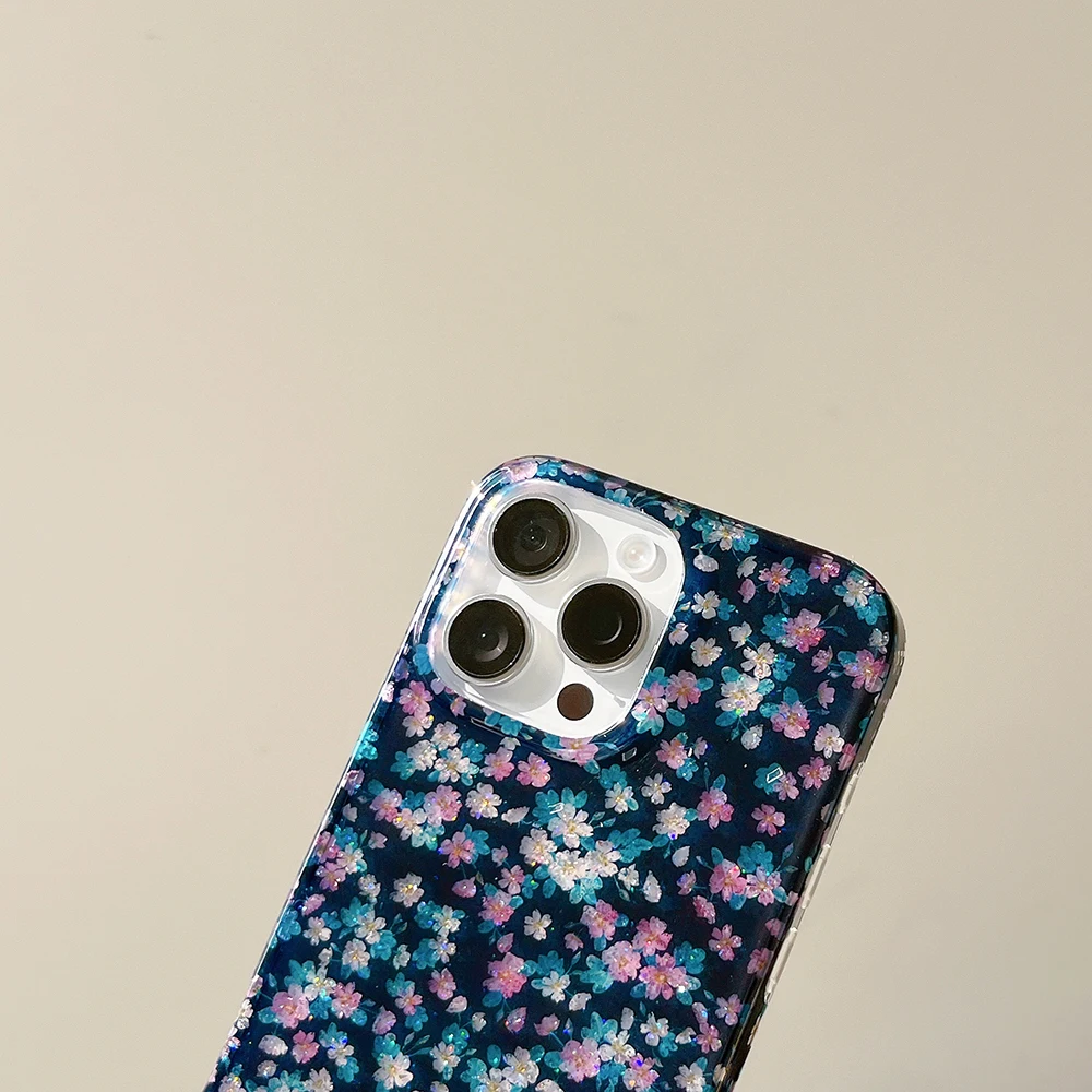 Charming Vintage Dark Green Floral Glitter Phone Case with Colorful Blooms