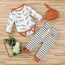 Vêtements tendance pour nouveau né, 3 pièces, barboteuse à plumes + pantalon à rayures, tenues pour bébé, manches longues, vêtements printemps automne avec chapeau