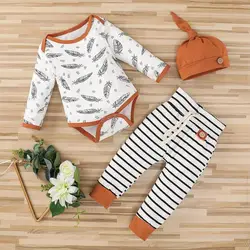Vêtements tendance pour nouveau né, 3 pièces, barboteuse à plumes + pantalon à rayures, tenues pour bébé, manches longues, vêtements printemps automne avec chapeau 