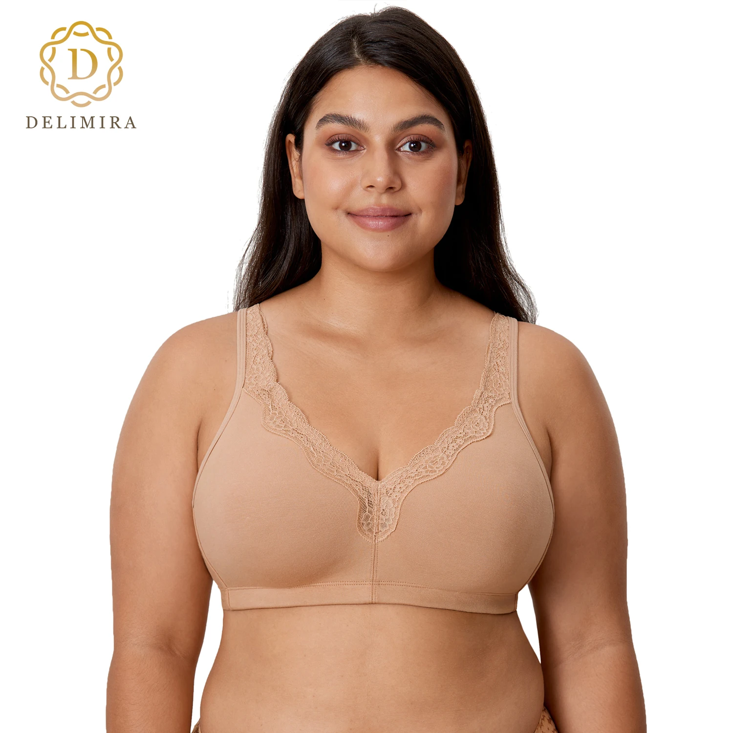 DELIMIRA Women's Wireless Plus Size Lace Bra Unlined Full Coverage Comfort  Cotton